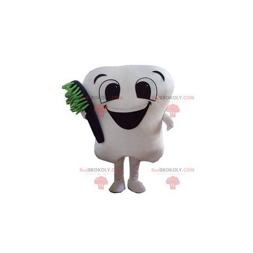 Cute white tooth mascot with his black toothbrush -