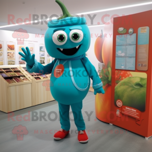 Teal Tomato mascot costume character dressed with a Chinos and Clutch bags