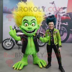 Lime Green Fire Eater mascot costume character dressed with a Biker Jacket and Hair clips