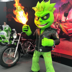 Lime Green Fire Eater mascot costume character dressed with a Biker Jacket and Hair clips