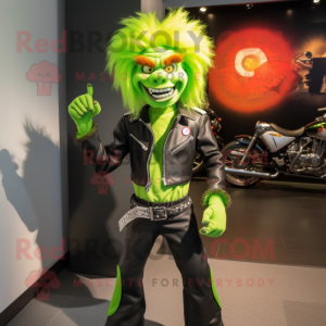 Lime Green Fire Eater mascot costume character dressed with a Biker Jacket and Hair clips