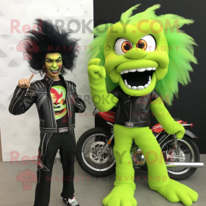 Lime Green Fire Eater mascot costume character dressed with a Biker Jacket and Hair clips