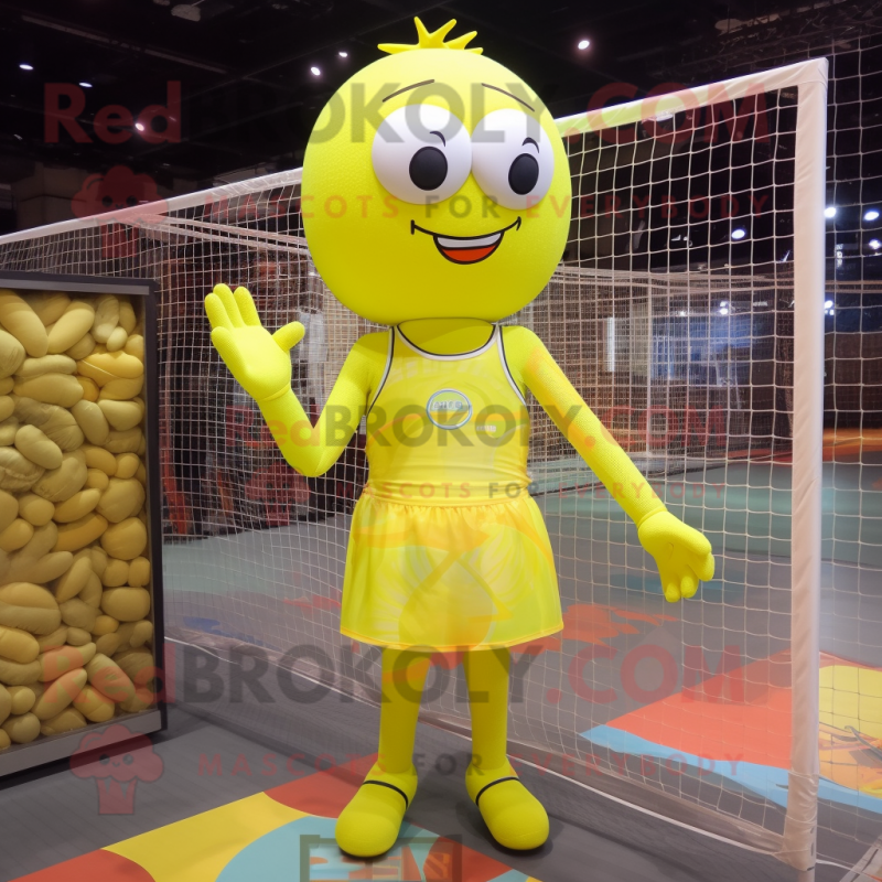 Lemon Yellow Volleyball Net mascot costume character dressed with a Tank Top and Headbands Lemon Yellow Volleyball Net mascot costume character dressed with a Tank Top and Headbands