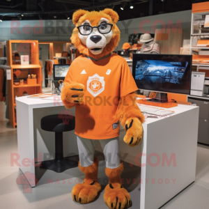 Orange Smilodon mascot costume character dressed with a Sweatshirt and Eyeglasses