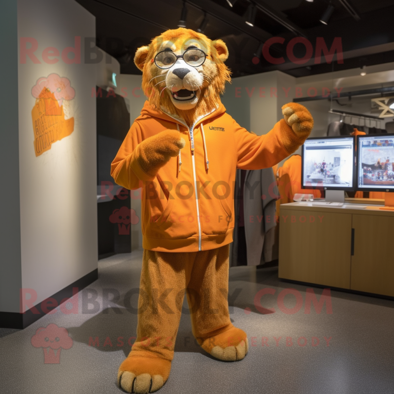 Orange Smilodon mascot costume character dressed with a Sweatshirt and Eyeglasses