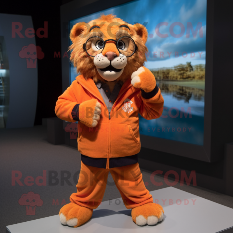 Orange Smilodon mascot costume character dressed with a Sweatshirt and Eyeglasses