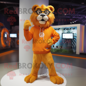 Orange Smilodon mascot costume character dressed with a Sweatshirt and Eyeglasses