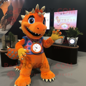 Orange Stegosaurus mascot costume character dressed with a Dress and Smartwatches