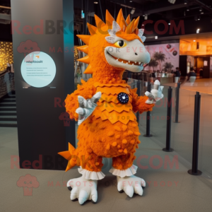 Orange Stegosaurus mascot costume character dressed with a Dress and Smartwatches