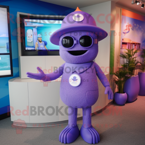 Lavender Television mascot costume character dressed with a One-Piece Swimsuit and Caps