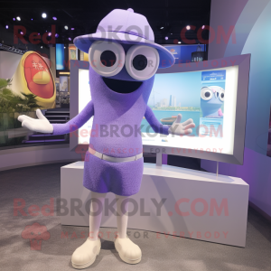 Lavender Television mascot costume character dressed with a One-Piece Swimsuit and Caps