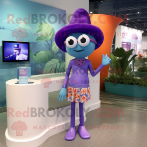 Lavender Television mascot costume character dressed with a One-Piece Swimsuit and Caps