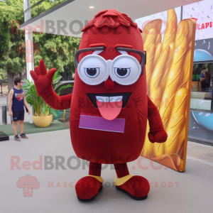 Maroon French Fries mascot costume character dressed with a Shorts and Reading glasses