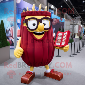 Maroon French Fries mascot costume character dressed with a Shorts and Reading glasses