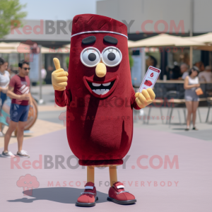 Maroon French Fries mascot costume character dressed with a Shorts and Reading glasses