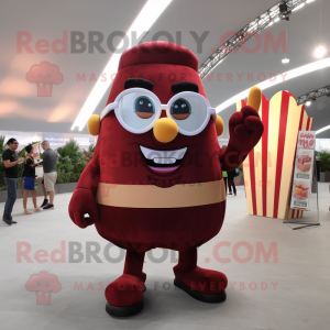 Maroon French Fries mascot costume character dressed with a Shorts and Reading glasses