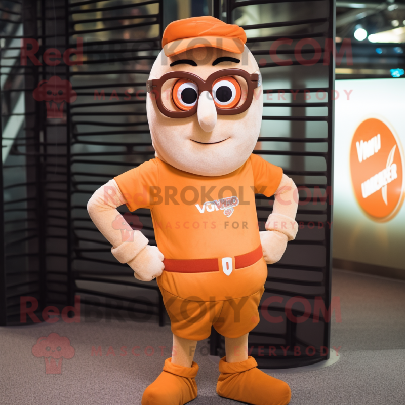 Tan Orange mascot costume character dressed with a V-Neck Tee and Eyeglasses