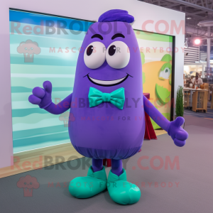 Purple Zucchini mascot costume character dressed with a One-Piece Swimsuit and Bow ties