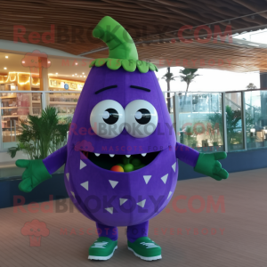 Purple Zucchini mascot costume character dressed with a One-Piece Swimsuit and Bow ties