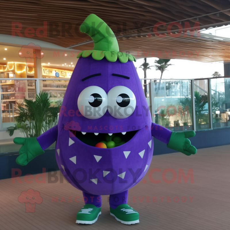 Purple Zucchini mascot costume character dressed with a One-Piece Swimsuit and Bow ties