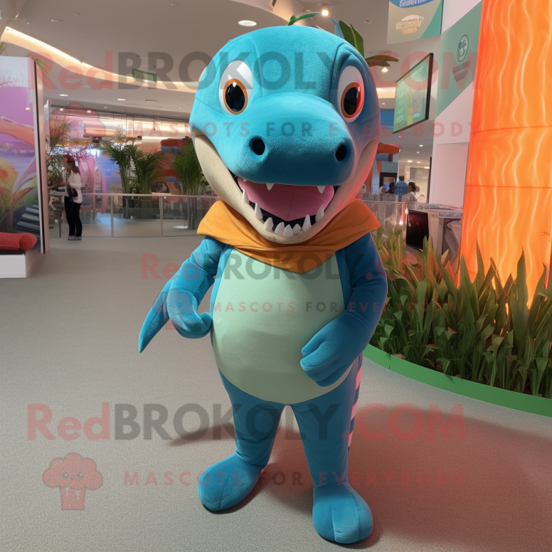 Cyan Salmon mascot costume character dressed with a Chinos and Bracelets