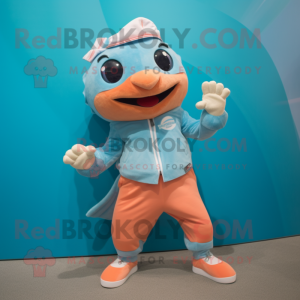 Cyan Salmon mascot costume character dressed with a Chinos and Bracelets