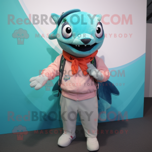 Cyan Salmon mascot costume character dressed with a Chinos and Bracelets