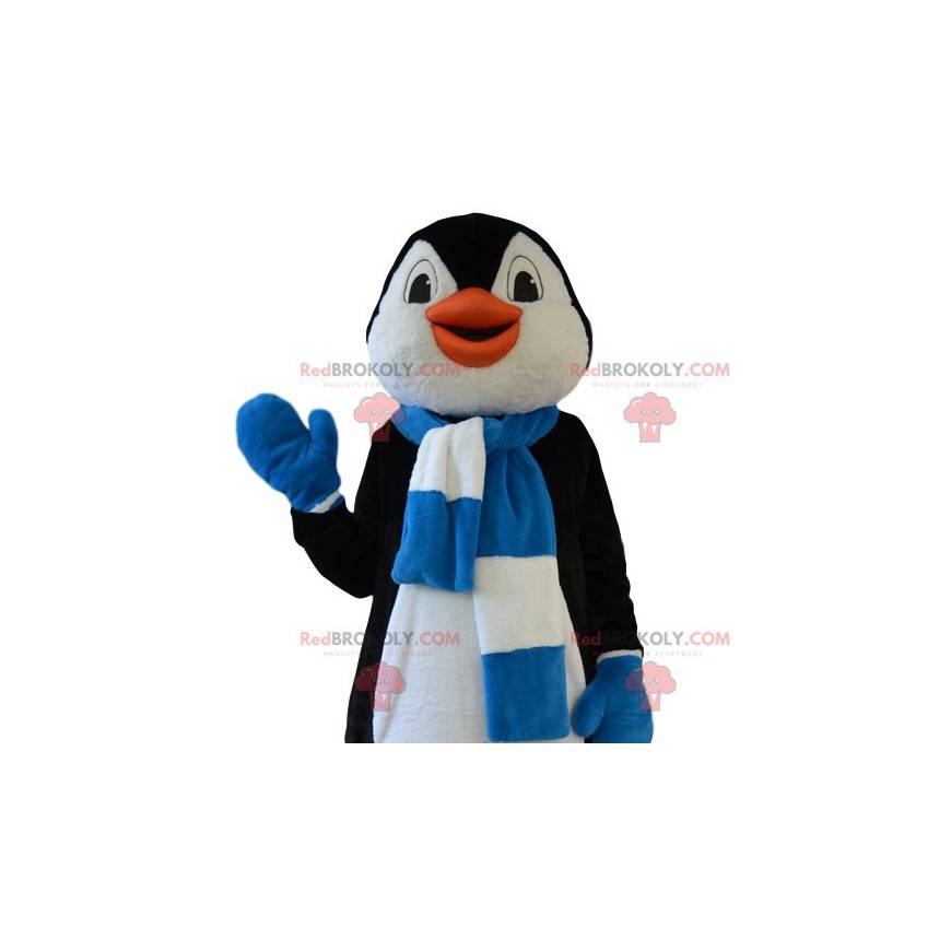 Funny penguin mascot with his blue and white scarf -