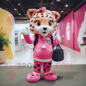 Pink Cheetah mascot costume character dressed with a Overalls and Handbags