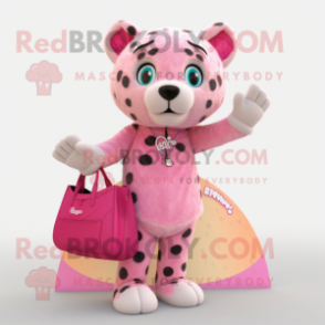 Pink Cheetah mascot costume character dressed with a Overalls and Handbags