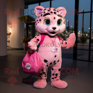 Pink Cheetah mascot costume character dressed with a Overalls and Handbags