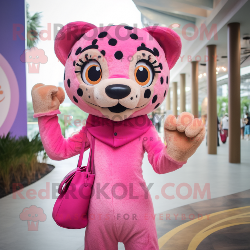 Pink Cheetah mascot costume character dressed with a Overalls and Handbags