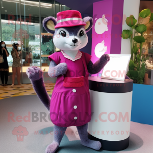 Magenta Civet mascot costume character dressed with a Shift Dress and Berets