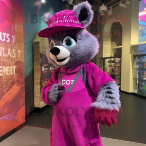 Magenta Civet mascot costume character dressed with a Shift Dress and Berets