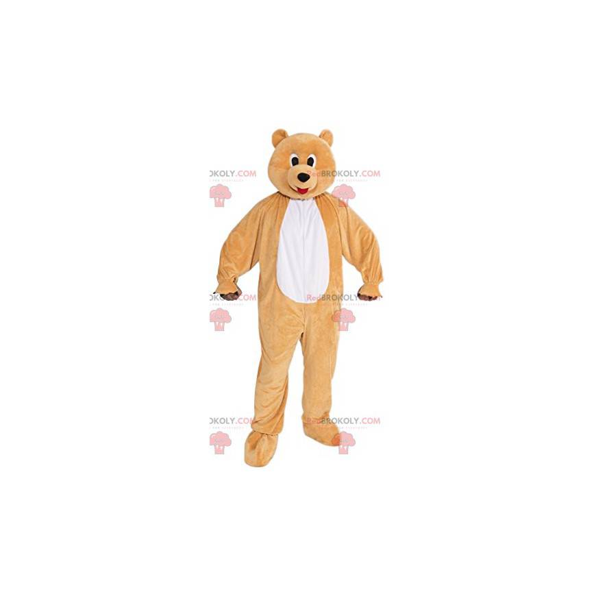 Divertente mascotte orso beige con la sua lingua rossa -