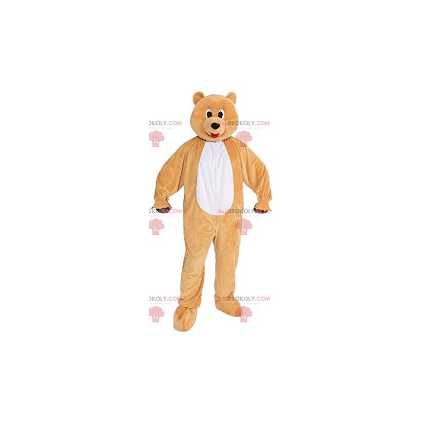 Rolig beige björnmaskot med hans röda tunga - Redbrokoly.com
