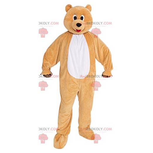 Rolig beige björnmaskot med hans röda tunga - Redbrokoly.com