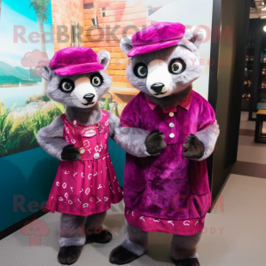 Magenta Civet mascot costume character dressed with a Shift Dress and Berets