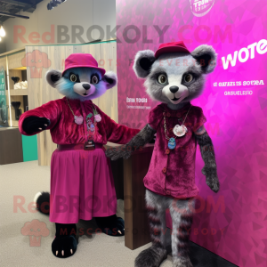 Magenta Civet mascot costume character dressed with a Shift Dress and Berets