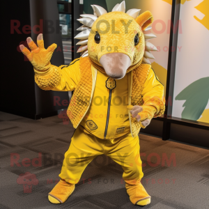Yellow Armadillo mascot costume character dressed with a Jacket and Ties