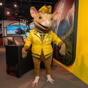 Yellow Armadillo mascot costume character dressed with a Jacket and Ties