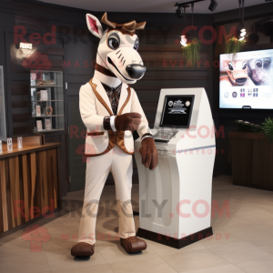 Beige Okapi mascot costume character dressed with a Suit Jacket and Wallets