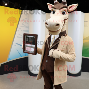 Beige Okapi mascot costume character dressed with a Suit Jacket and Wallets