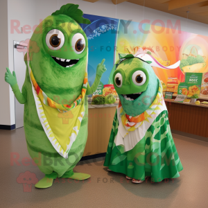 Green Fish Tacos mascot costume character dressed with a Maxi Dress and Wraps