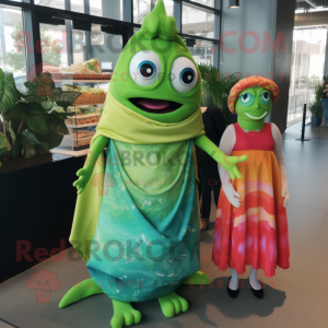 Green Fish Tacos mascot costume character dressed with a Maxi Dress and Wraps