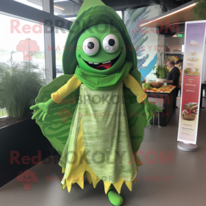 Green Fish Tacos mascot costume character dressed with a Maxi Dress and Wraps