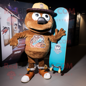 Brown Skateboard mascot costume character dressed with a Graphic Tee and Coin purses