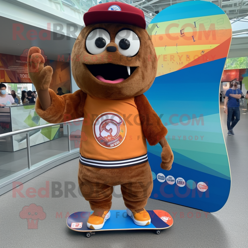 Brown Skateboard mascot costume character dressed with a Graphic Tee and Coin purses