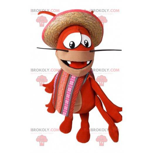 Maskotka homara z jego słomkowym kapeluszem i fartuchem -