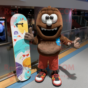 Brown Skateboard mascot costume character dressed with a Graphic Tee and Coin purses